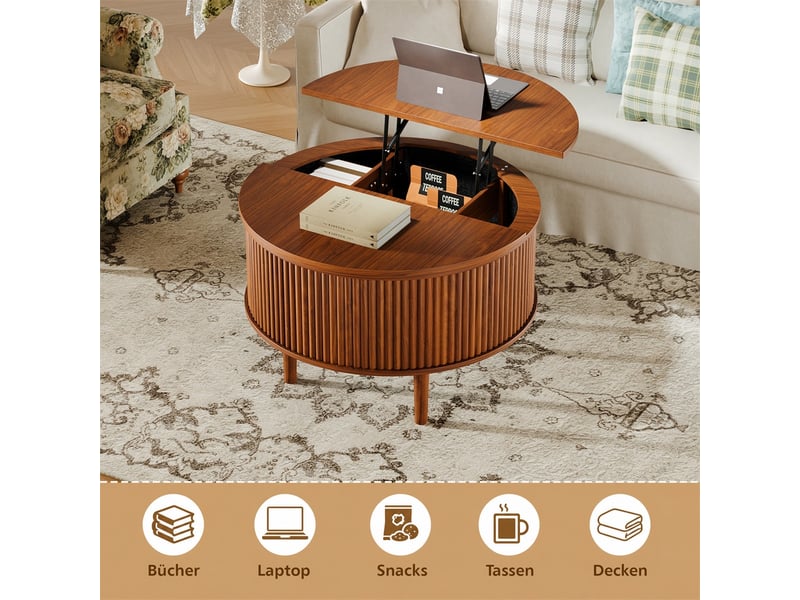  Table basse ronde relevable – 80x80x 51.5 cm – plateau relevable &amp; double coffre – bois - noyer  - Conforama E