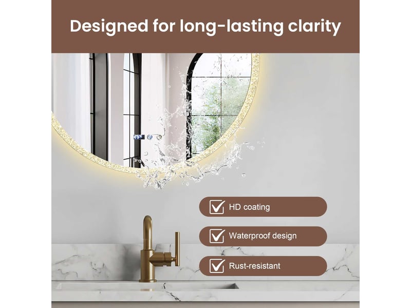 Miroir rond led 70 cm cadre cristal scintillant, 3 couleurs, luminosité réglable, tactile, mémoire, horloge, verre sécurit, salle de bain - Conforama E