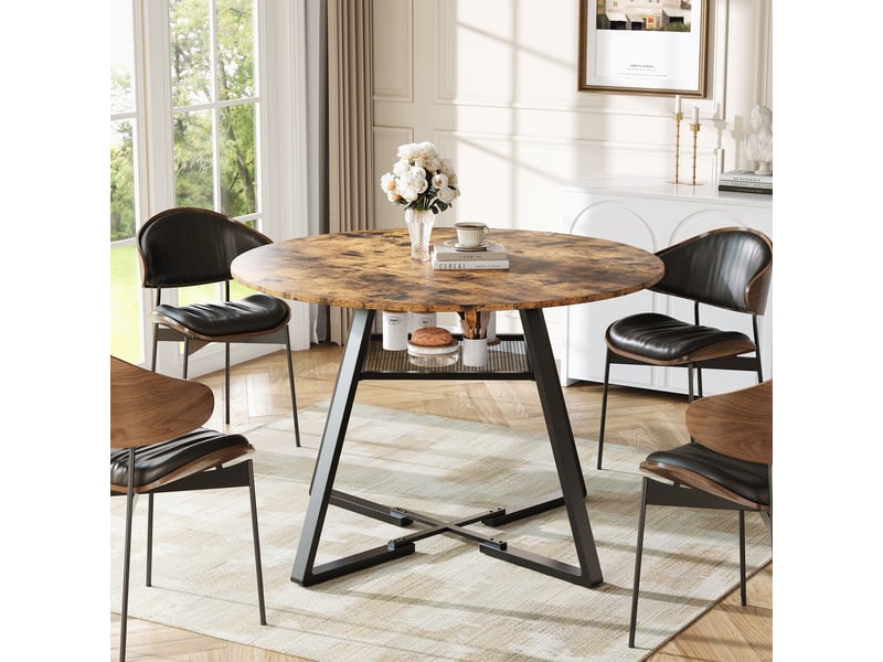 Table à manger ronde ø120cm avec rangement, motif bois, 4 à 6 personnes, style industriel rétro, mdf, fer, naturel - Conforama C