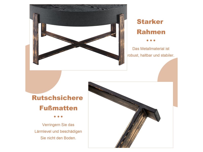 Table basse diamètre 68 cm plateau en mdf à motif bois noir piètement croisé couleur bronze antique style rétro-industriel forme ronde style wabi-sabi et industriel - Conforama E
