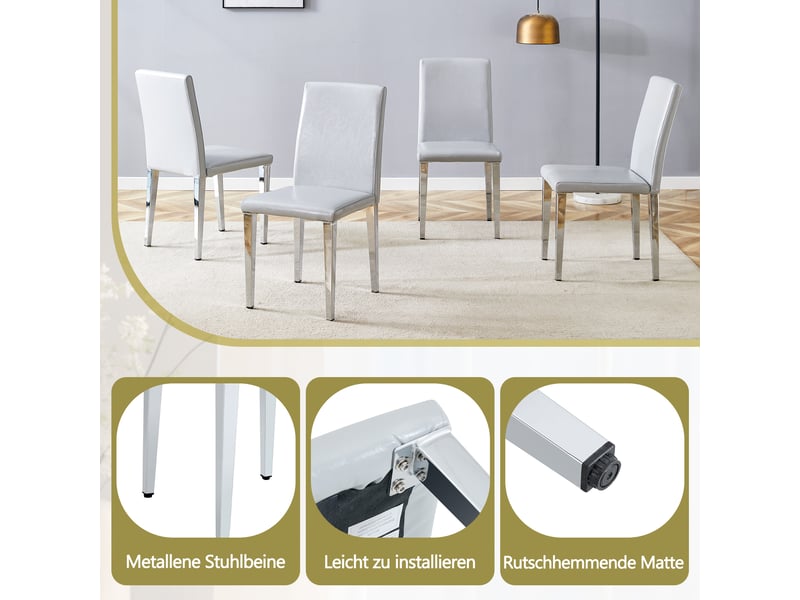  Chaises de salle à manger lot de 2 avec dossier ergonomique  - assise rembourrée, pieds antidérapants, pu gris clair et métal argenté  - Conforama E