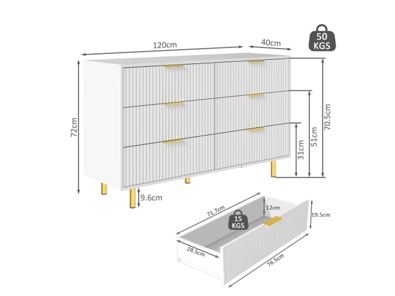  Commode à 6 tiroirs 120x40x72 cm, blanc et doré  - Conforama C