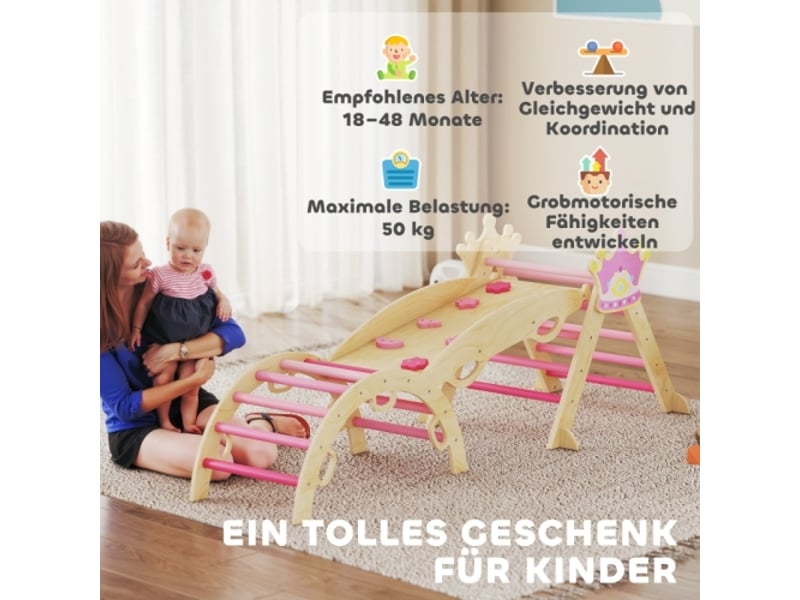  Structure d’escalade enfant 8 en 1 en bois, design princesse, toboggan, rampe et arche, intérieur  - Conforama B