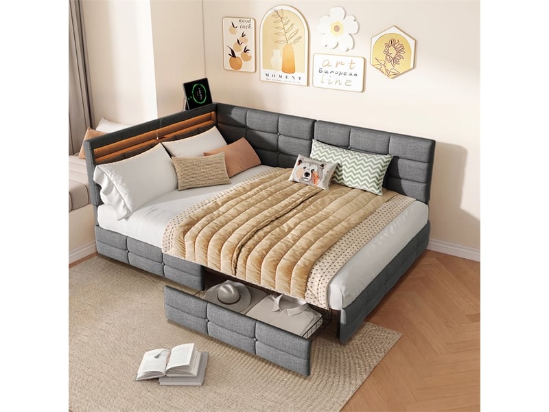  Lit 140x190cm - lit double 140x190cm - lit rembourré avec tête de lit en l et 2 tiroirs, prises et led - gris  - Conforama C