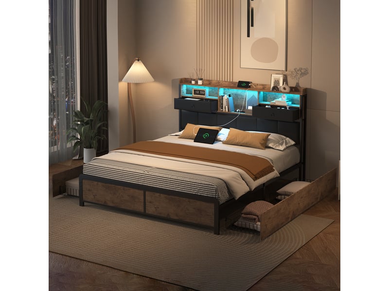 Lit double en fer et bois - 140x200 cm brun rustique et noir led bleue - tiroirs de rangement - tête de lit avec étagères et prises - Conforama D