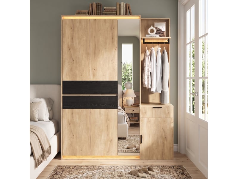  Armoire dressing tcqpz 155 x 47 x 200 cm 3 tringles 5 tiroirs miroir led mdf anthracite et chêne  - Conforama E