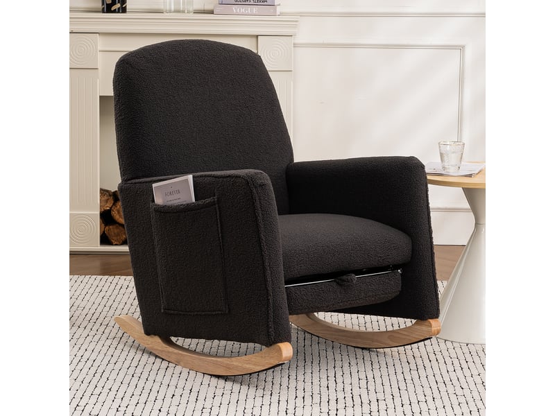 Fauteuil à bascule avec repose-pied, dossier haut, porte de rqngement, cadre en bois, tissu en fausse fourrure noire  - Conforama B