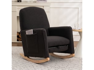 Fauteuil à bascule avec repose-pied, dossier haut, porte de rqngement, cadre en bois, tissu en fausse fourrure noire