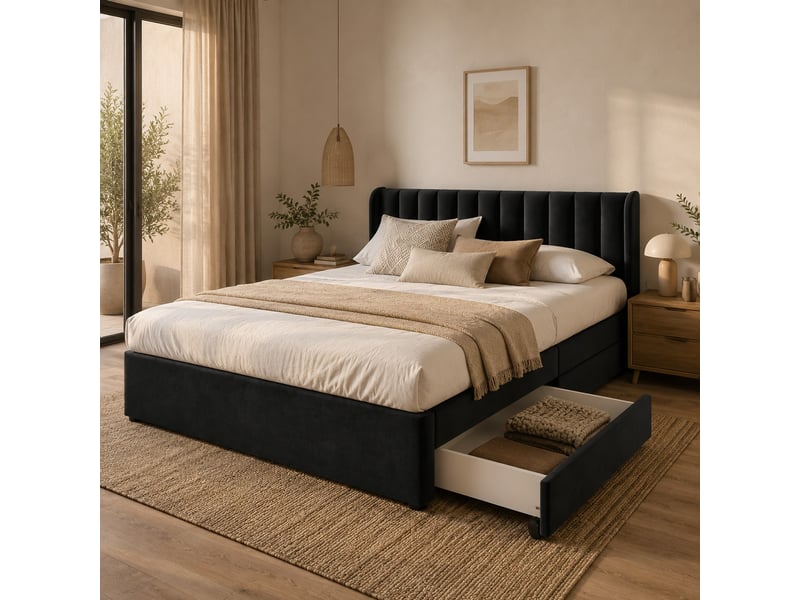 Lit 180 x 200 cm en velours noir avec sommier à lattes et 2 tiroirs  - Conforama B