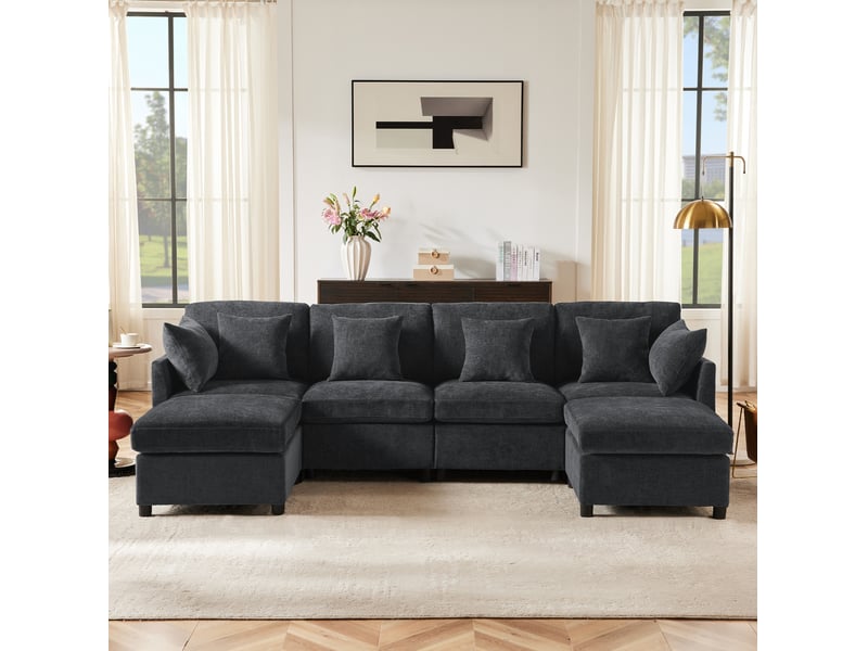  Canapé modulable 6 places en tissu gris avec 2 poufs, configuration u ou l pour le salon contemporain  - Conforama E