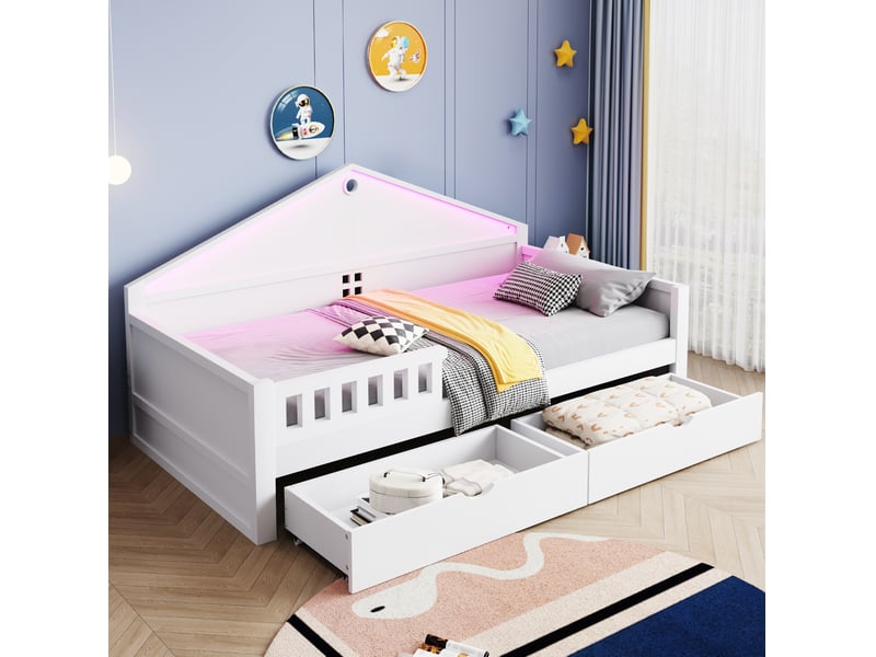  Lit enfant 90 x 200 cm avec led, 2 tiroirs et sommier à lattes, blanc  - Conforama B
