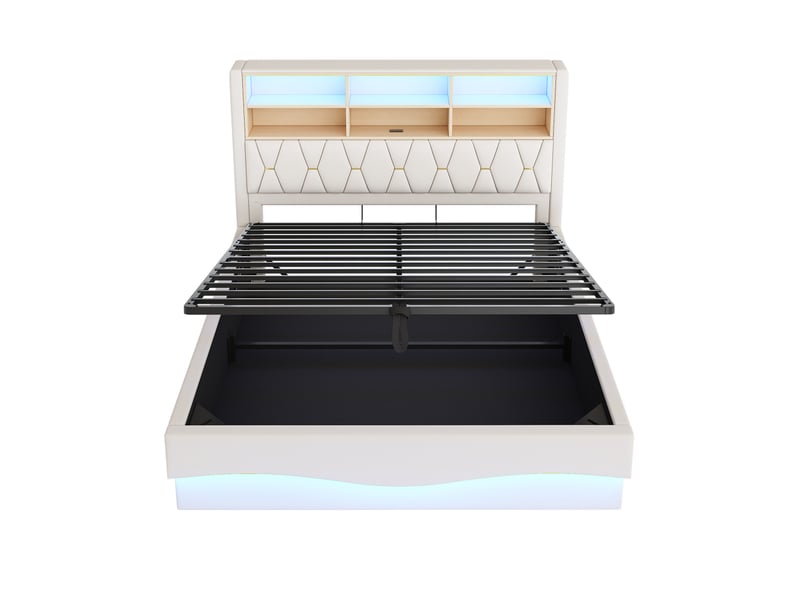  Lit rembourré 180×200 avec espace de rangement hydraulique, bande lumineuse led contrôlée par application, port de chargement usb, cadre à lattes métalliques, revêtement en lin, beige.  - Conforama E