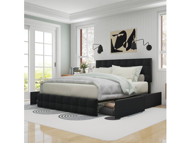  Lit double 140x200 cm avec 4 tiroirs, sommier à lattes et tête de lit réglable noir  - Conforama D