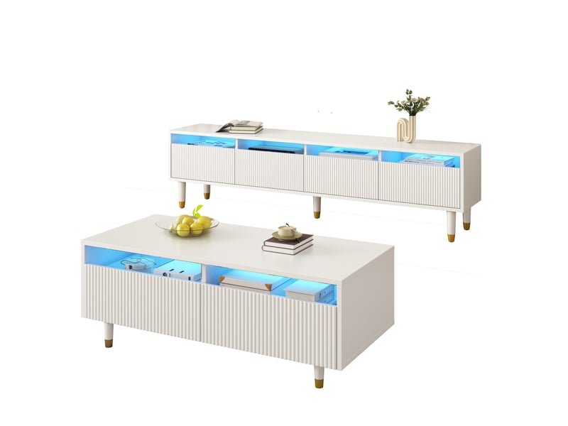  Meuble tv blanc, 2 tiroirs, 4 portes, rangement, éclairage led, design moderne, structure robuste - mdf - 110x50x40cm - salon  - Conforama A