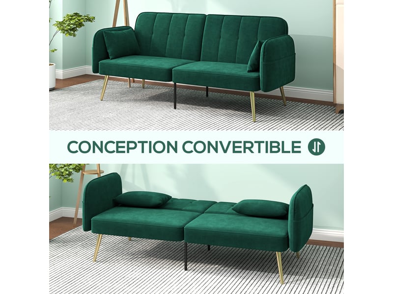 Canapé convertible 2 places canapé-lit canapé clic-clac en tissu velours avec réglable dossier, vert foncé - Conforama D