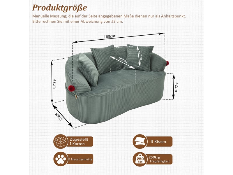  Canapé 2 places 163 x 93 cm – vert – velours côtelé, forme arquée, 3 coussins et coussin animal inclus  - Conforama C