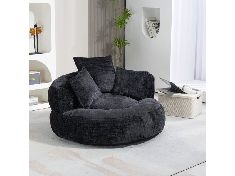  Fauteuil pouf en tissu noir 108 x 108 cm, dossier haut enveloppant et 3 coussins pour se détendre à la maison  - Conforama B