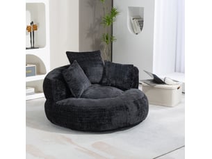 Fauteuil pouf en tissu noir 108 x 108 cm, dossier haut enveloppant et 3 coussins pour se détendre à la maison