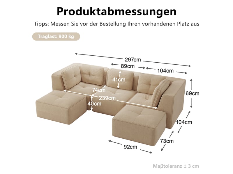Canapé panoramique modulable 3 places velours côtelé beige – 297 x 177 x 69 cm Fay Lum - Conforama C