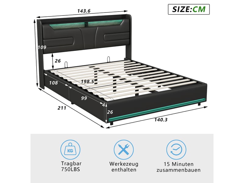  Lit double coffre - 140 x 200 cm-noir - en similicuir pu, avec tête de lit lumineuse, double éclairage led, ports de charge et vérins hydrauliques  - Conforama B