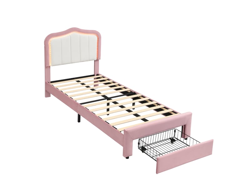  Lit enfant 90x200 cm lit capitonné avec tiroir et led, velours rose, sans matelas  - Conforama D