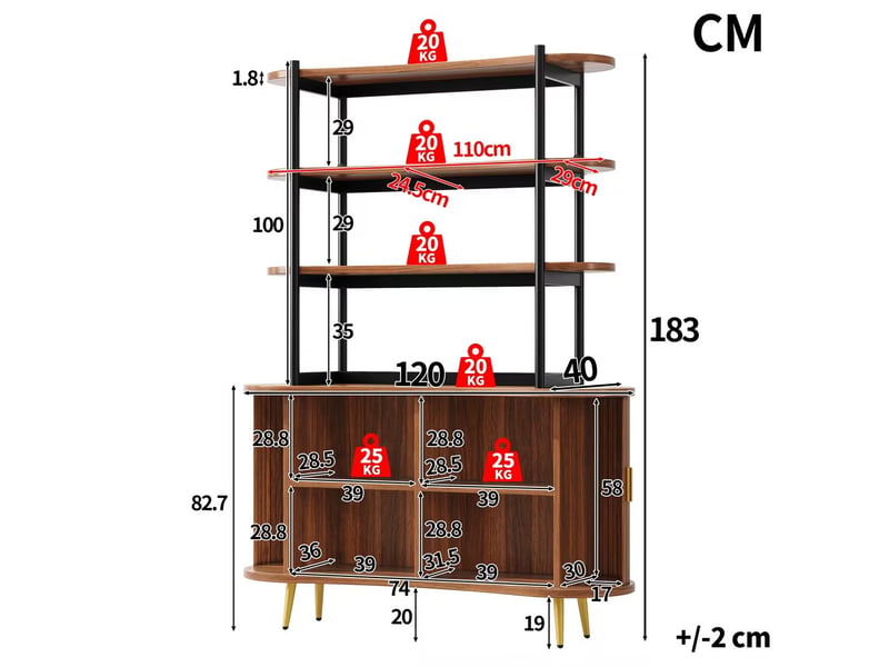  Buffet de cuisine - 120x40x183cm - meuble avec portes tambour cannelées, étagère 4 niveaux, pieds dorés - marron foncé  - Conforama E