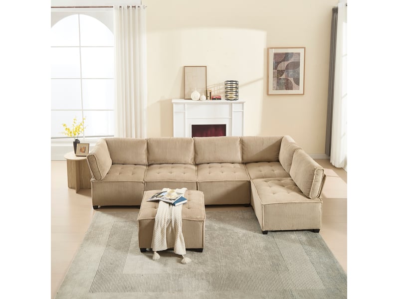  Canapé modulable 6 places en velours côtelé kaki, configuration u ou l et couchage d'appoint pour le salon  - Conforama E