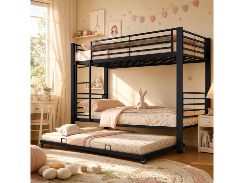  Lit superposé 90x200 avec lit gigogne, barrière de sécurité et échelle, lit gain de place pour 3 personnes et fratrie, noir  - Conforama D