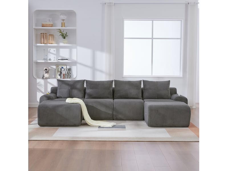  Canapé modulable 4 places 333x174x80 cm avec 2 poufs gris foncé  - Conforama B