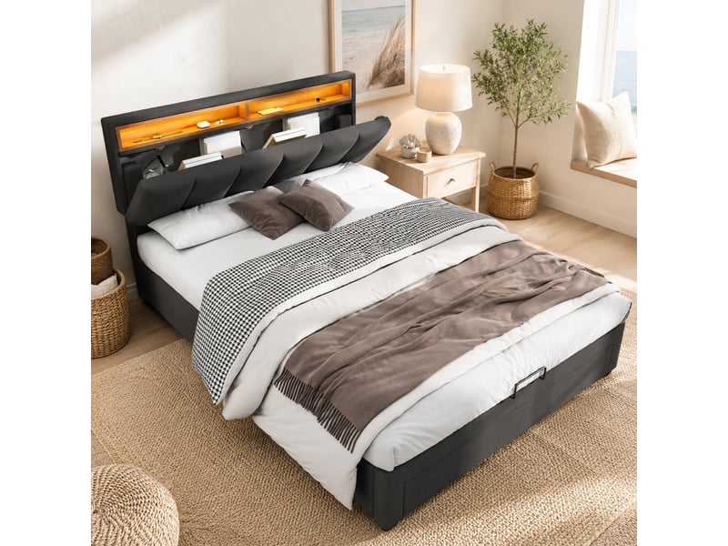  Lit double avec rangement et éclairage led gris 140 x 200 cm  - Conforama D