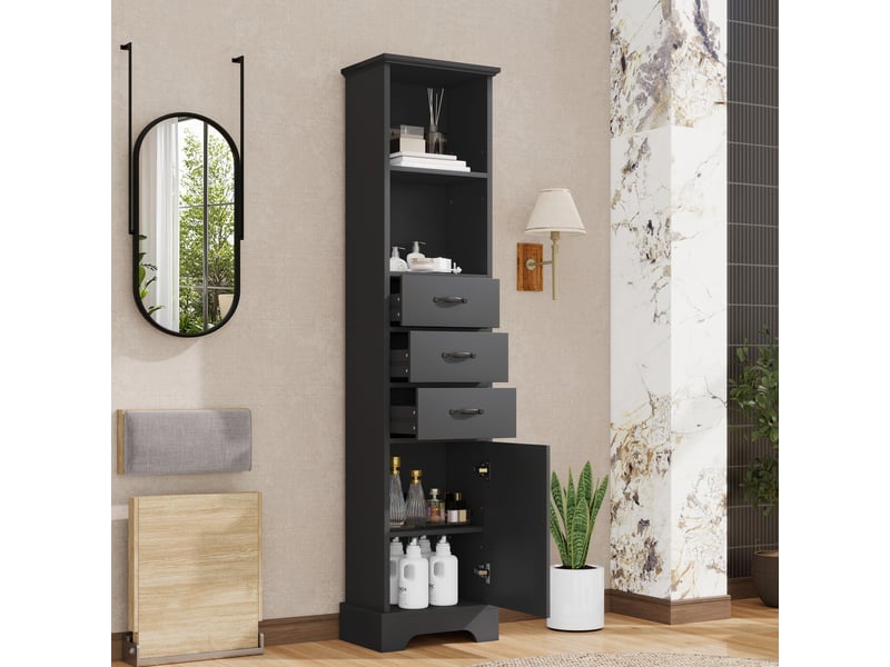 Armoire de salle de bain avec 1 porte, 3 tiroirs et niches ouvertes, pour salle de bain, 38 × 26 × 172,5 cm - Conforama B