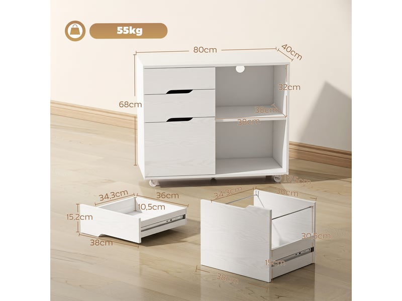  Meuble pour imprimante à roulettes, 3 tiroirs, barre réglable, 2 étagères ouvertes et poignées pour documents a4, blanc  - Conforama D