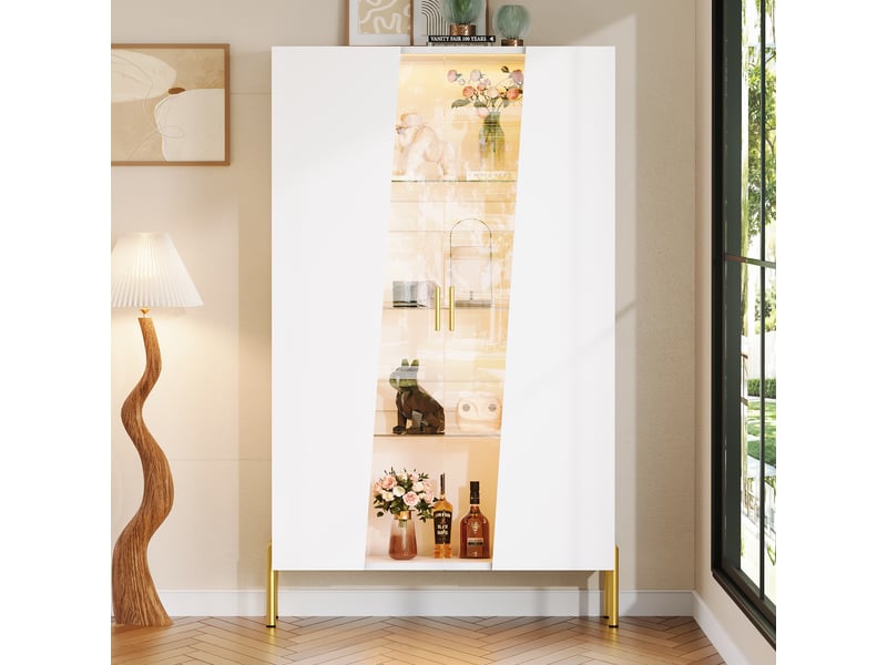 Vitrine en verre led 72 x 40 x 145 cm, porte vitrée trempée asymétrique, 3 tablettes verre, poignée et pieds métal, buffet - Conforama D