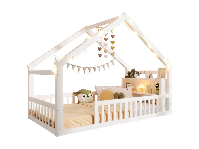  Lit enfant 90 x 190 cm avec barrières, étagères latérales et perles led blanc  - Conforama A