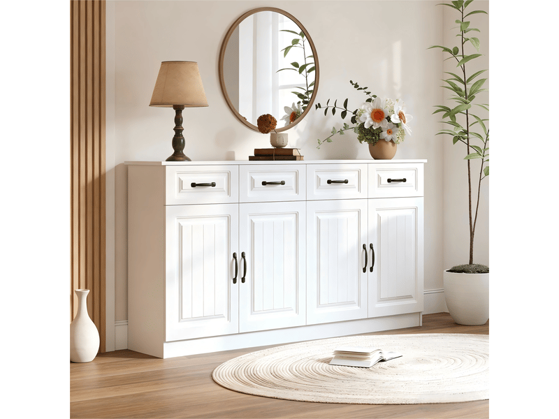 Buffet commode 160x35x80 cm avec façade rainurée - 4 tiroirs 4 portes 2 étagères 8 poignées métal - blanc BUYDEEMEUS - Conforama D