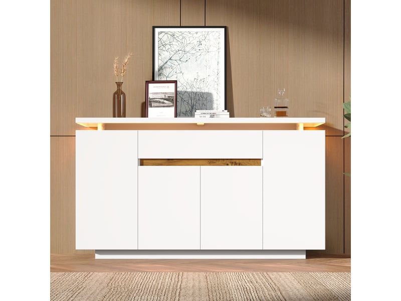  Buffet, avec 4 portes, 1 tiroir, 2 étagères réglables et led, pour salon ou cuisine, blanc, 140 × 40 × 80 cm  - Conforama D