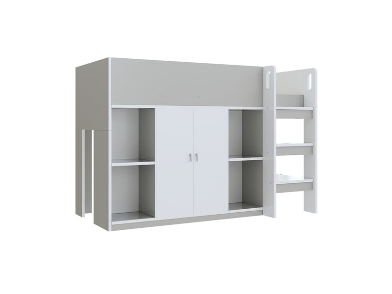  Lit mezzanine 90x200cm avec rangement, armoire, étagères et échelle - lit enfant - barrières de sécurité - gris et blanc  - Conforama D