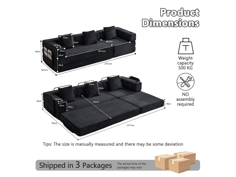  Canapé convertible 277.5x92.5x60 cm, 3 places, pliable, noir  - Conforama E