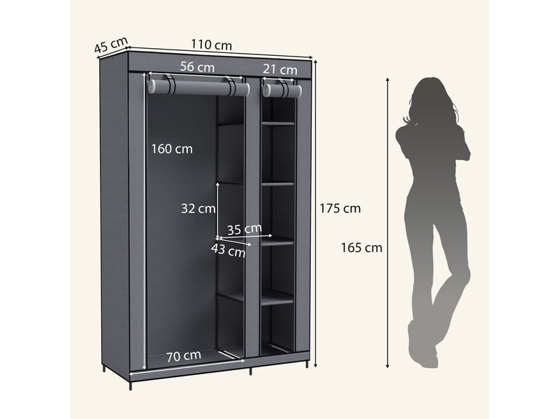  Armoire mobile en tissu avec tringle et 5 compartiments de rangement, grise  - Conforama E