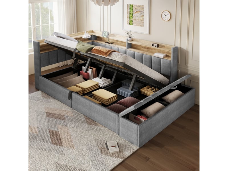 Lit coffre hydraulique 140x200 cm avec led, usb-a et usb-c, banc coffre et tête réversible, tissu lin gris, sans matelas - Conforama B