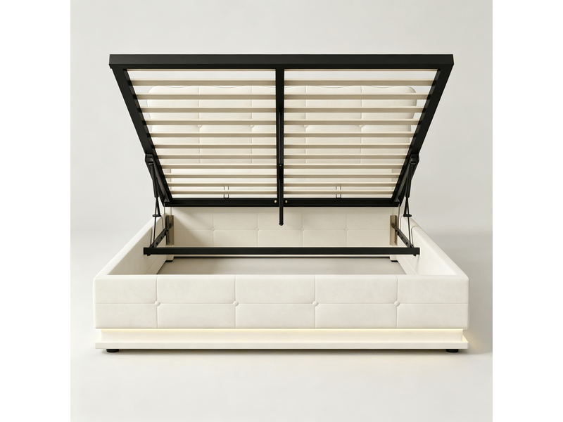  Lit 140x190 cm, rgb led, hydraulique, moderne, cadre de lit double 140x190 cm, velours, beige  - Conforama W