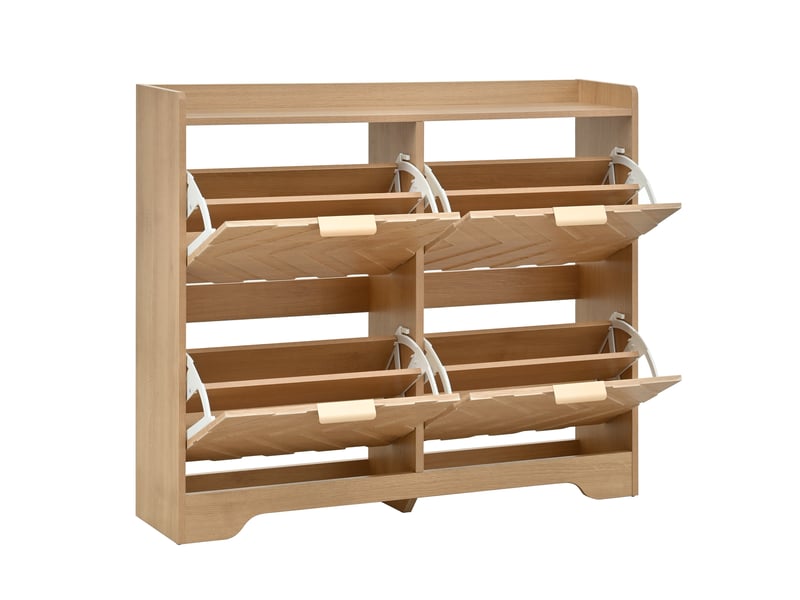  Meuble à chaussures 105x24x90 cm, 4 abattants, façades 3d et plateau supérieur, rangement pratique pour entrée et couloir - naturel  - Conforama E