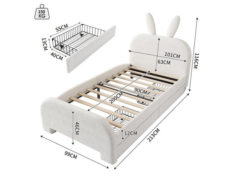 Lit plat rembourré enfant 90x200 cm, forme lapin en laine, deux tiroirs, doux et chaleureux, sans matelas, très pratique, blanc - Conforama D