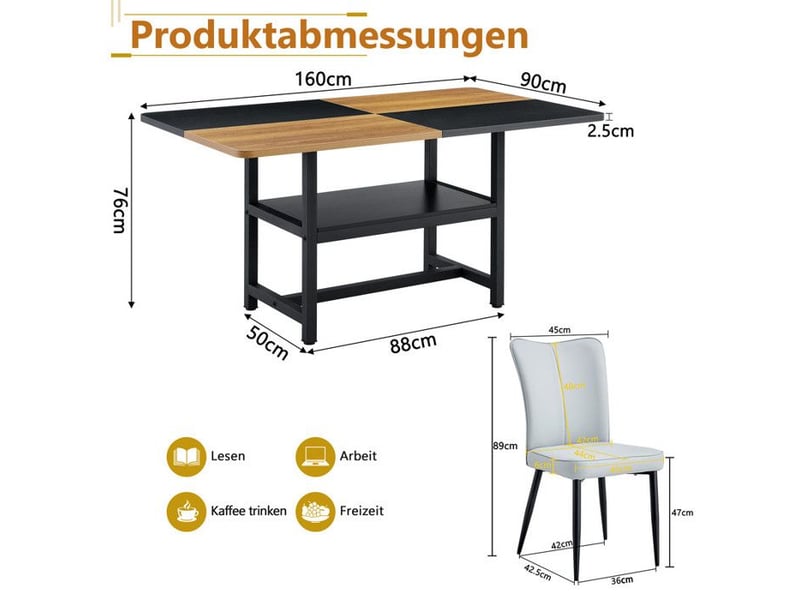  Ensemble de table à manger - 160 cm - 6 chaises - rangement intégré - marron et noir - gris clair  - Conforama E