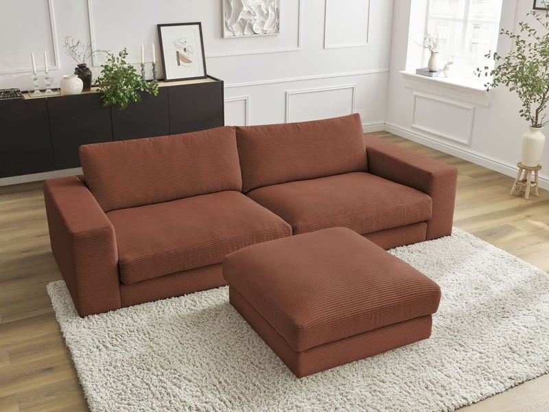  Bobochic canapé droit fixe 3 places leonard velours côtelé avec pouf orange LEONARD - Conforama D