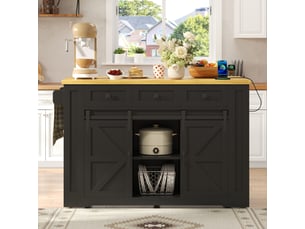 Ilot central de cuisine - 130x80x87cm - desserte avec plateau rabattable portes coulissantes prises et usb - noir et bois