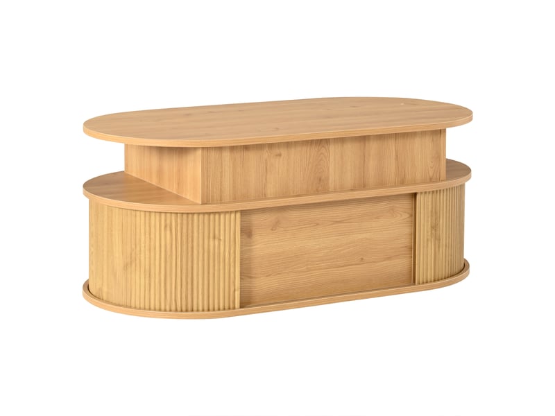 Table basse ovale relevable couleur bois, 100 x 50 cm, rangement, hauteur 40–55 cm - Conforama E