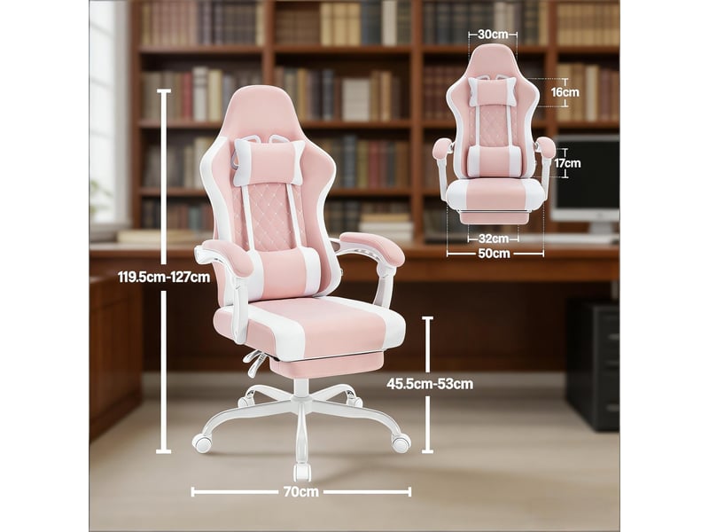  Chaise de bureau ergonomique et fauteuil gamer avec massage, tissu maille, inclinable, rose et blanc  - Conforama C