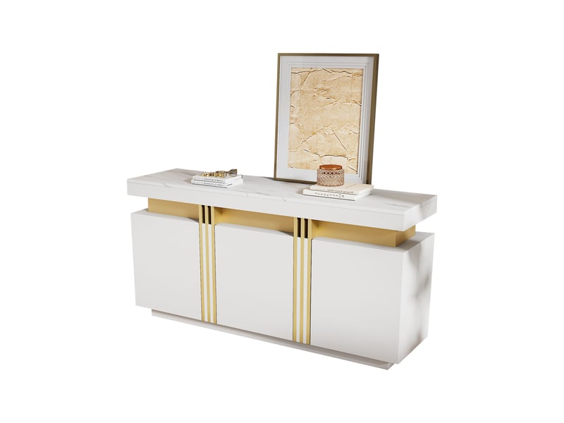 Buffet blanc moderne meuble de rangement 3 portes plateau effet marbre 140cm - Conforama A