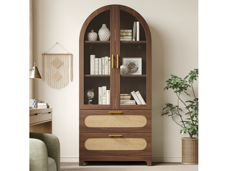 Vitrine 2 portes vitrées, 2 tiroirs, 3 étagères réglables, style rétro, en mdf décor bois, 80 × 40 × 175 cm - Conforama D